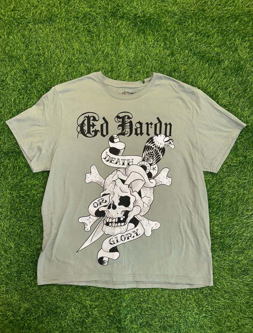 Ed Hardy Death or Glory T-Shirt Size XL Olive Green Skull Graphic